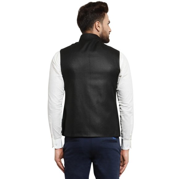 Sleeveless Traditional Jute Fabric Black Nehru Jacket by Treemoda - Picture 3 of 5